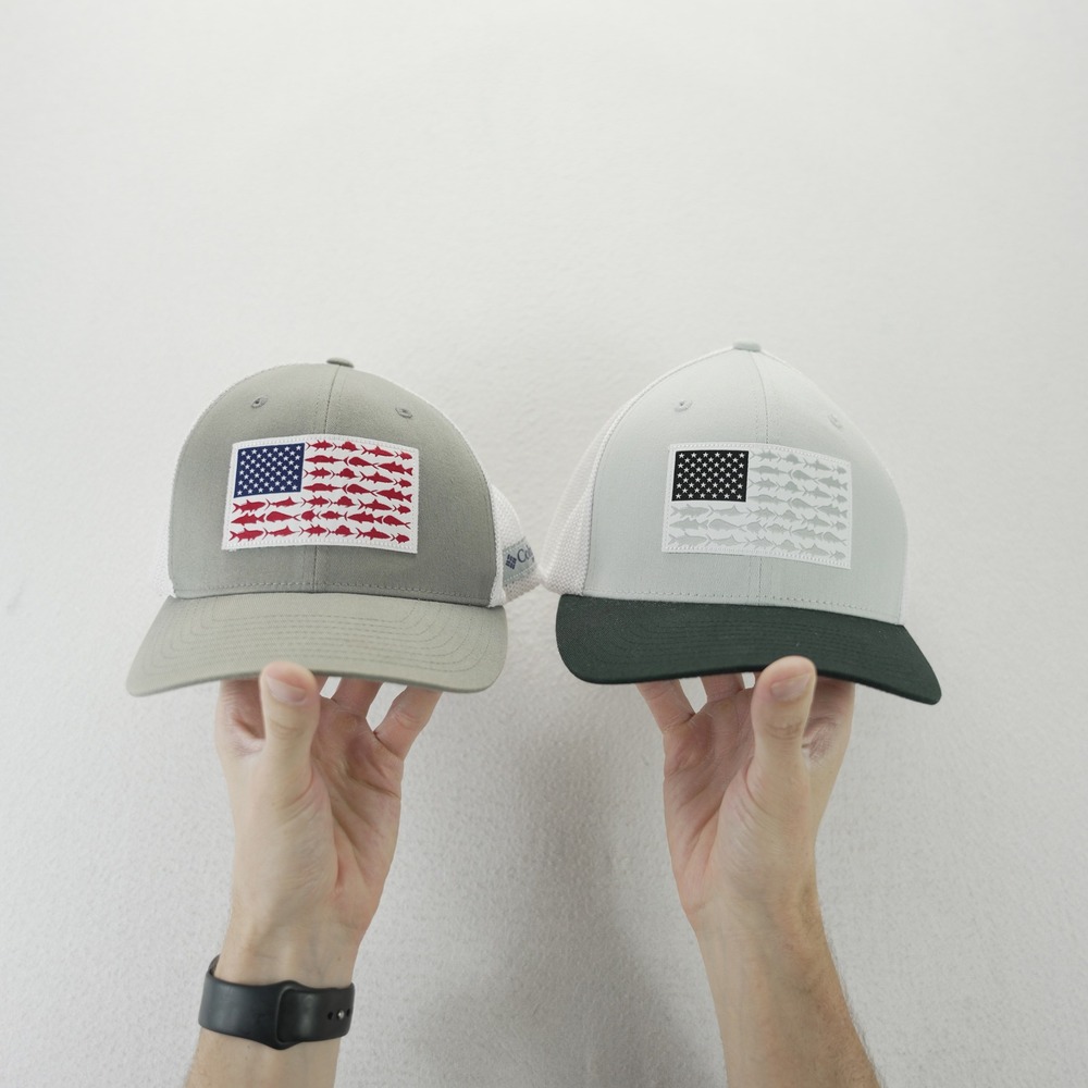 Columbia PFG Mesh Snapback Hats Lot of 2 Fish Flag Trucker Caps Grey Green
